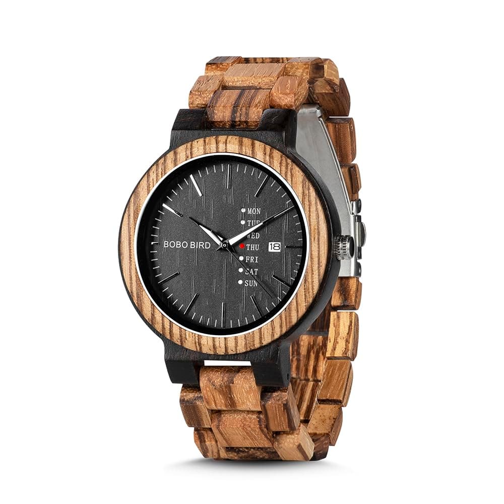 Week and Date Multi-Functional Display Men's Zebra Wooden Quartz Watch Lightweight Handmade Casual Wristwatches with Gift Box