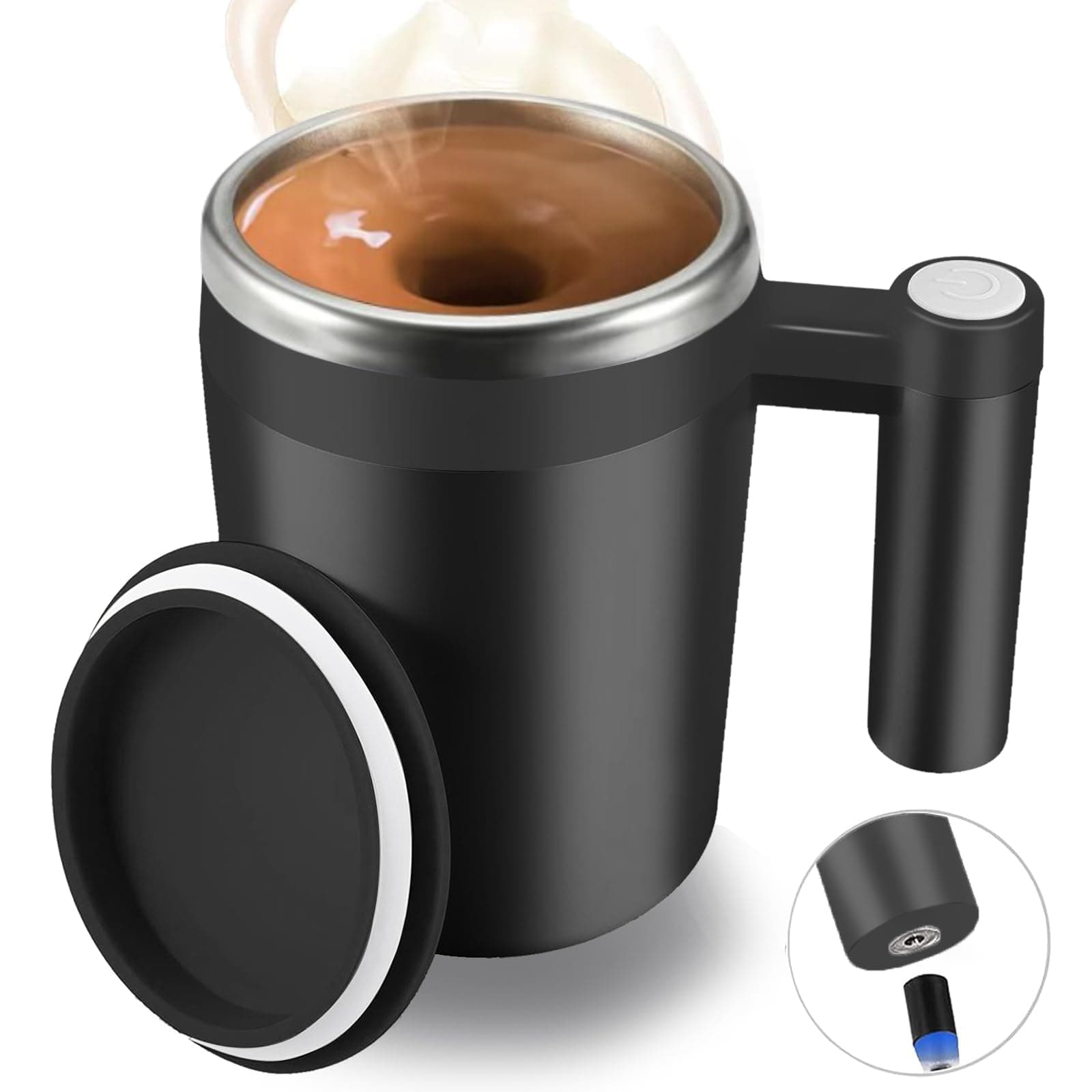 Self Stirring Mug,Rechargeable Auto Magnetic Coffee Mug with 2Pc Stir Bar,Waterproof Automatic Mixing Cup for Milk/Cocoa at Office/Kitchen/Travel 14oz Best Gift - Black