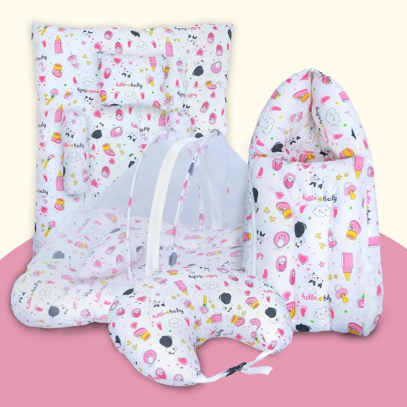 Infans Mini Baby Bedding Set, 4 Pcs Cotton Sleeping Essential|Baby Sleeping Bag|Sleeping Mattress|Mother Nursing Feeding Pillow|Mosquito Net Bed for 0-6 Months (Panda Pink)