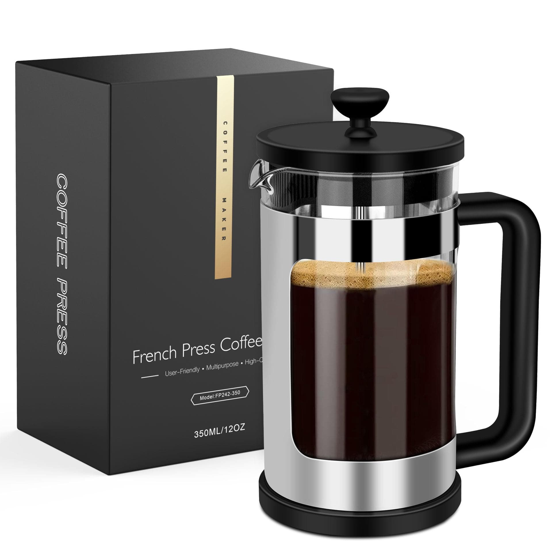 RAINBEAN French Press Coffee Maker 12 Oz, Mini Coffee Press 1 Cup, Single Serve French Press, With 3 Filterations, Heat Resistant Thickness Borosilicate Glass, Coffee Brewer Tea Press