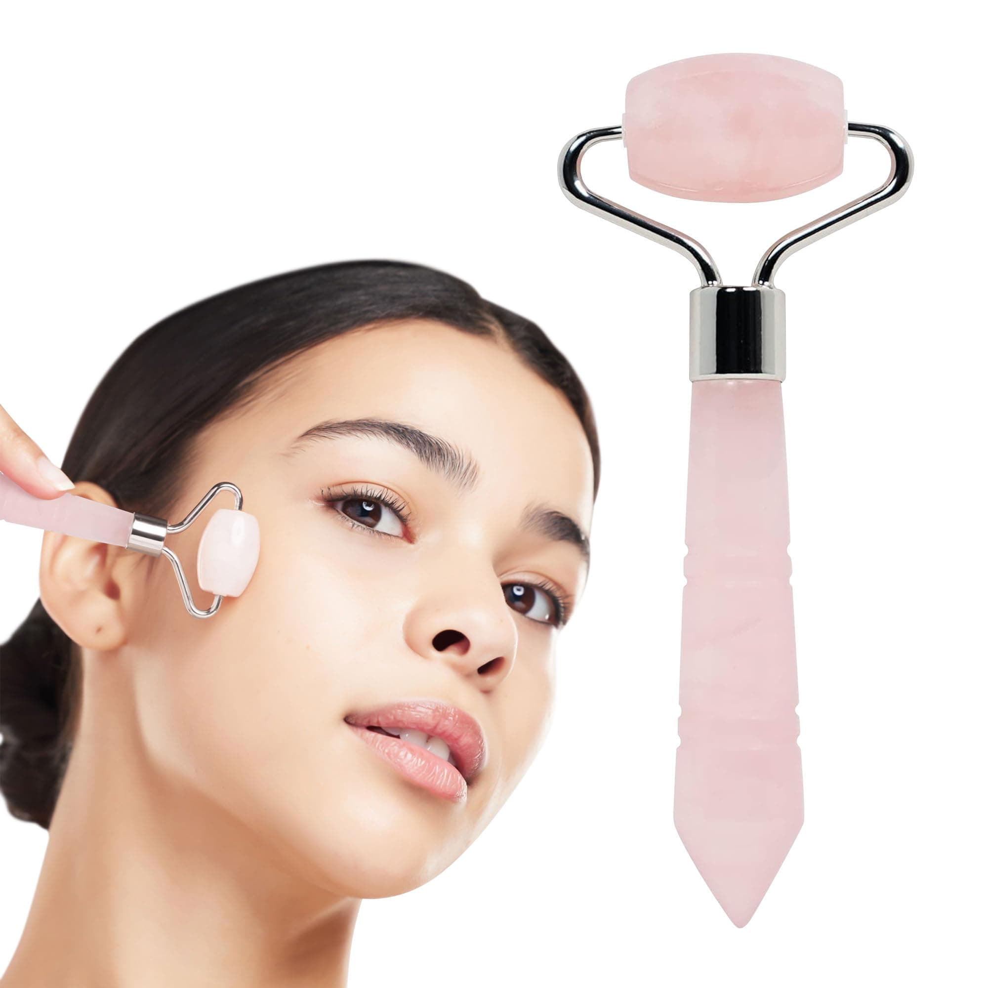 Mini Rose Quartz Roller - Face Roller - Gua Sha Facial Tools, Mini Rollers for Face, Skin Care Kit for Men Women, Guasha Tools for Faces, Facial Care Reduces Under-Eye Puffiness and Dark Circles