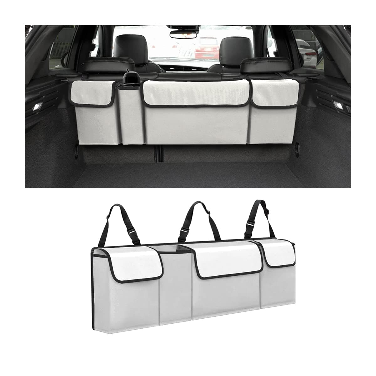 AUCELI Car Trunk Organizer, Backseat Hanging Large Storage with Adjustable Straps, Waterproof Collapsible Cargo Bag with 4 Pockets, Sturdy Space Saver Frees Trunk Floor for SUV, Truck, MPV