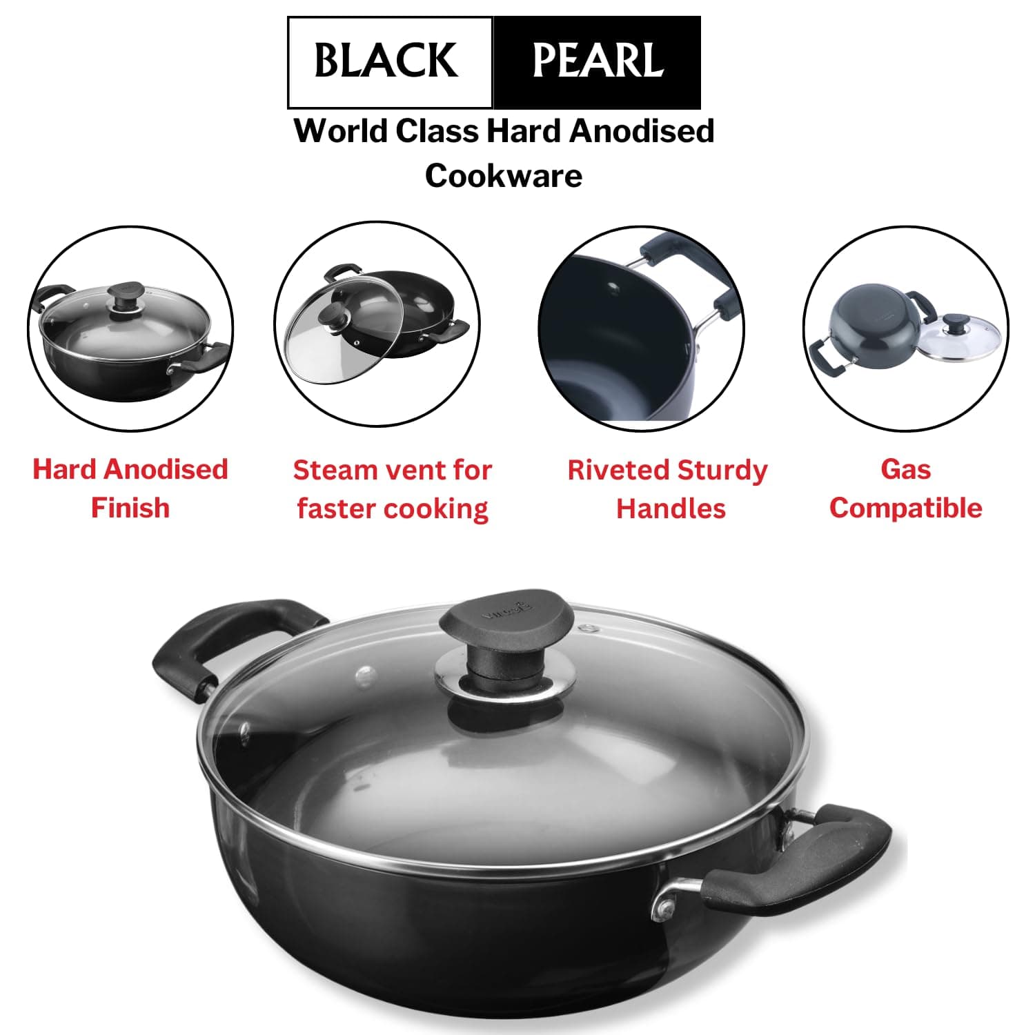 Vinod Hard Anodized Deep Kadai with Glass Lid- 30 cm, 7 Ltr Non - Induction