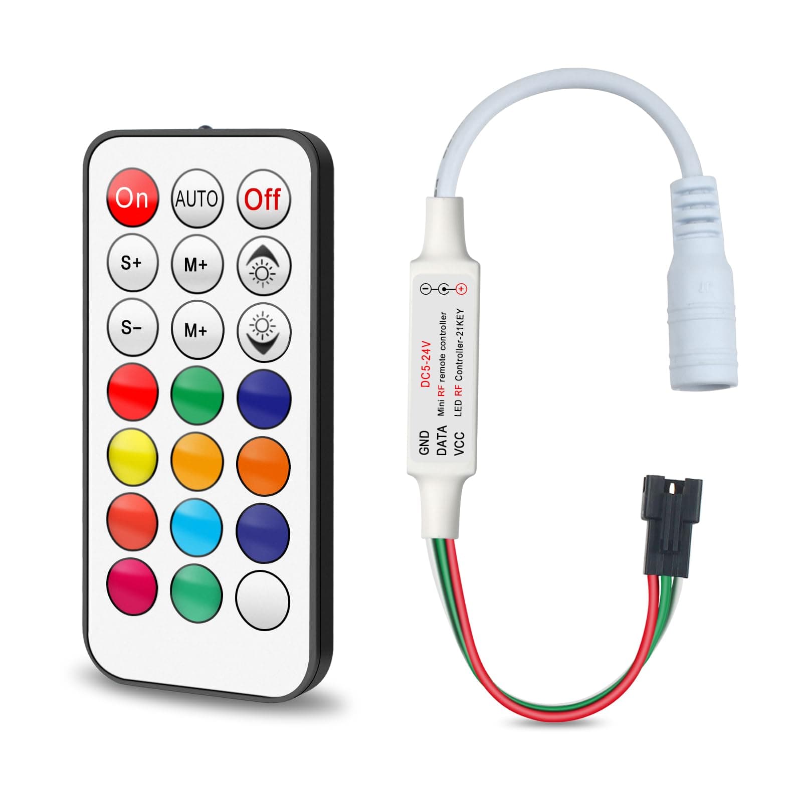RGBZONE 3-PIN LED Controller, RF Wireless Remote Control, DC5V/12V/24V Mini Controller for Dream Color WS2812B WS2812 WS2811 Light Strips (21 Key)