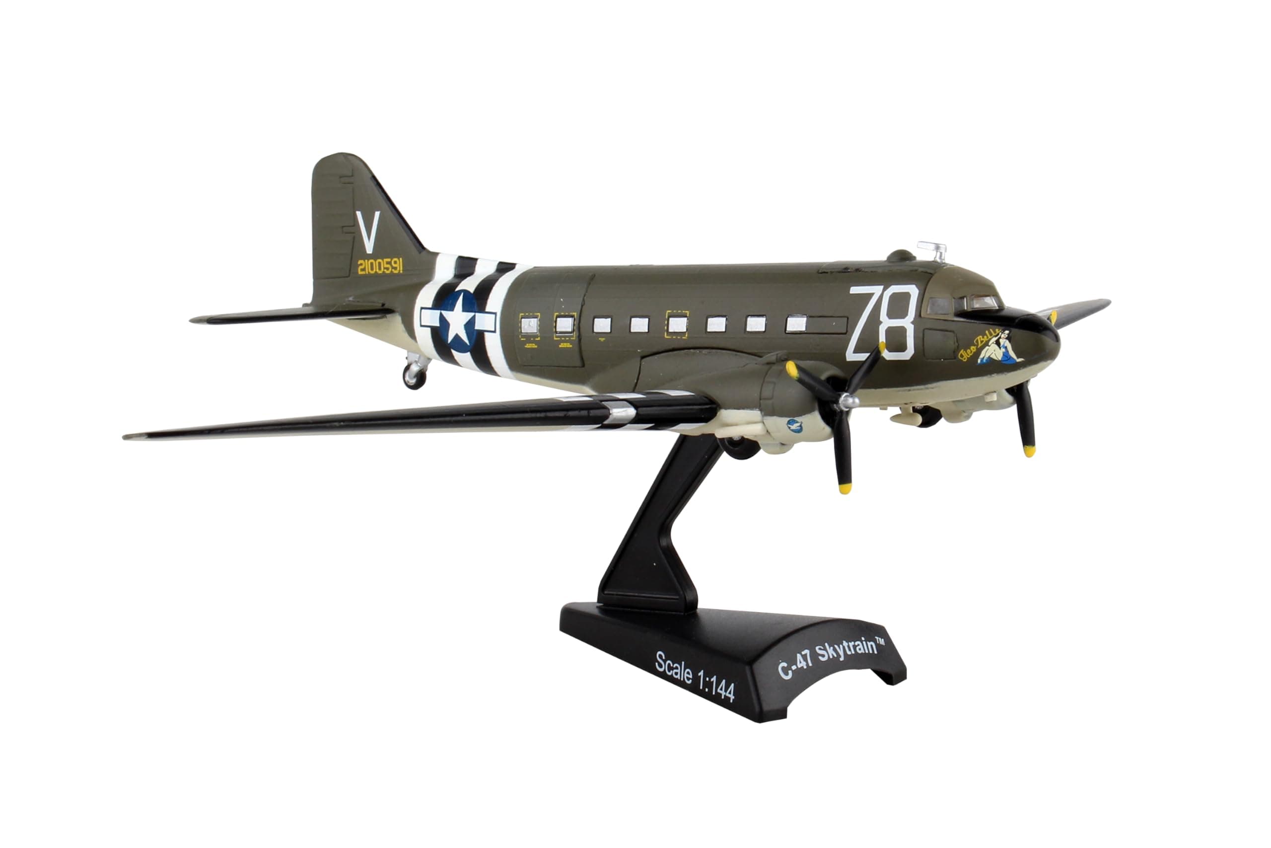 Daron C-47 Skytrain Tico Belle 1/144 Scale Die-Cast Metal Model Airplane with Display Stand – WWII Military Transport Collectible for Ages 14+