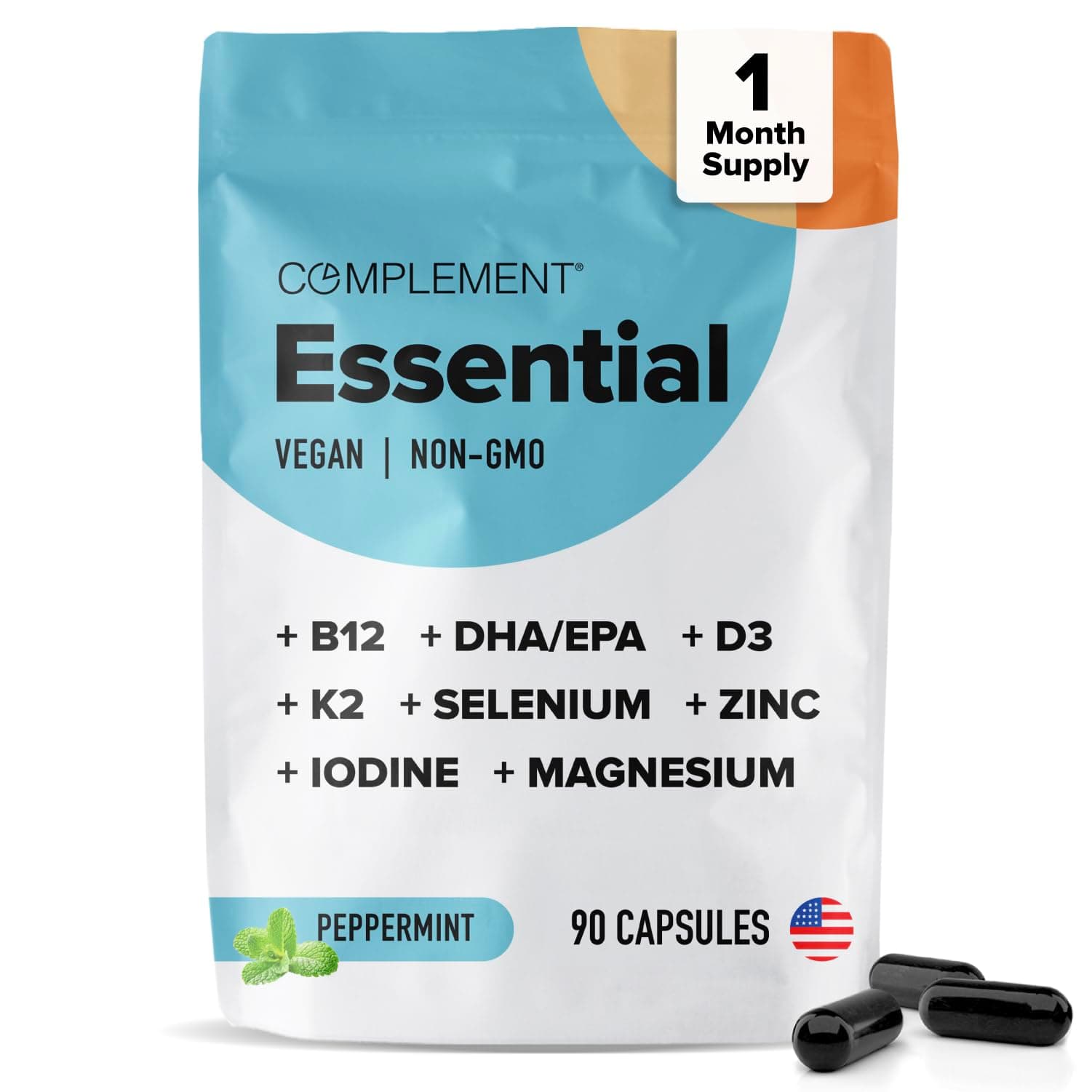 Complement Essential Vegan Multivitamin for Men & Women (30 Servings, 90 Capsules) with Omega-3 DHA & EPA, B12, Vitamin D3 & K2, Zinc, Selenium, Magnesium, Iodine - Supports Immunity & Overall Health