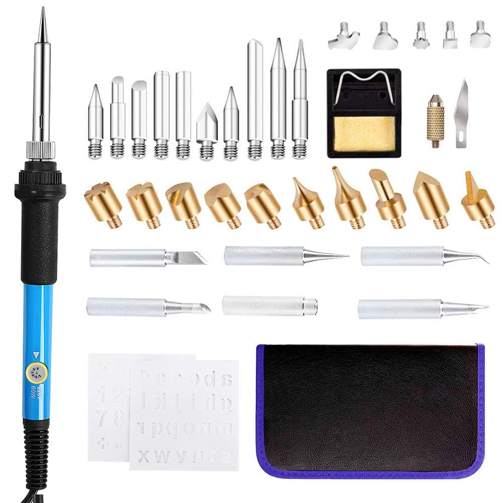 Zwini 37Pcs Wood Burning Set Pyrography Iron Kit 60W Adjustable Temperature Soldering Iron Kit for Welding Soldering Embossing 200°C-450°C