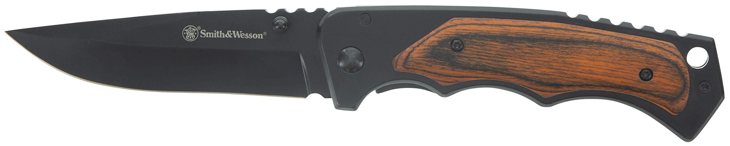 Smith & Wesson 8.5in S.S. Folding Knife with 3.7in Drop Point Blade and S.S. and Real Wood Insert Handle for Outdoor