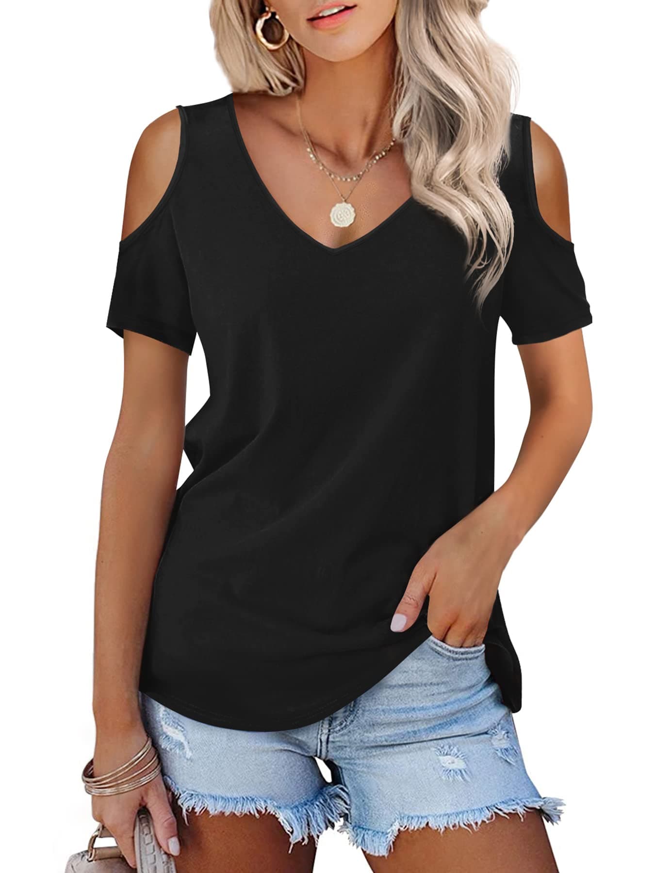 Womens Short Sleeve Cold Shoulder Basic Tee Tops Shirts