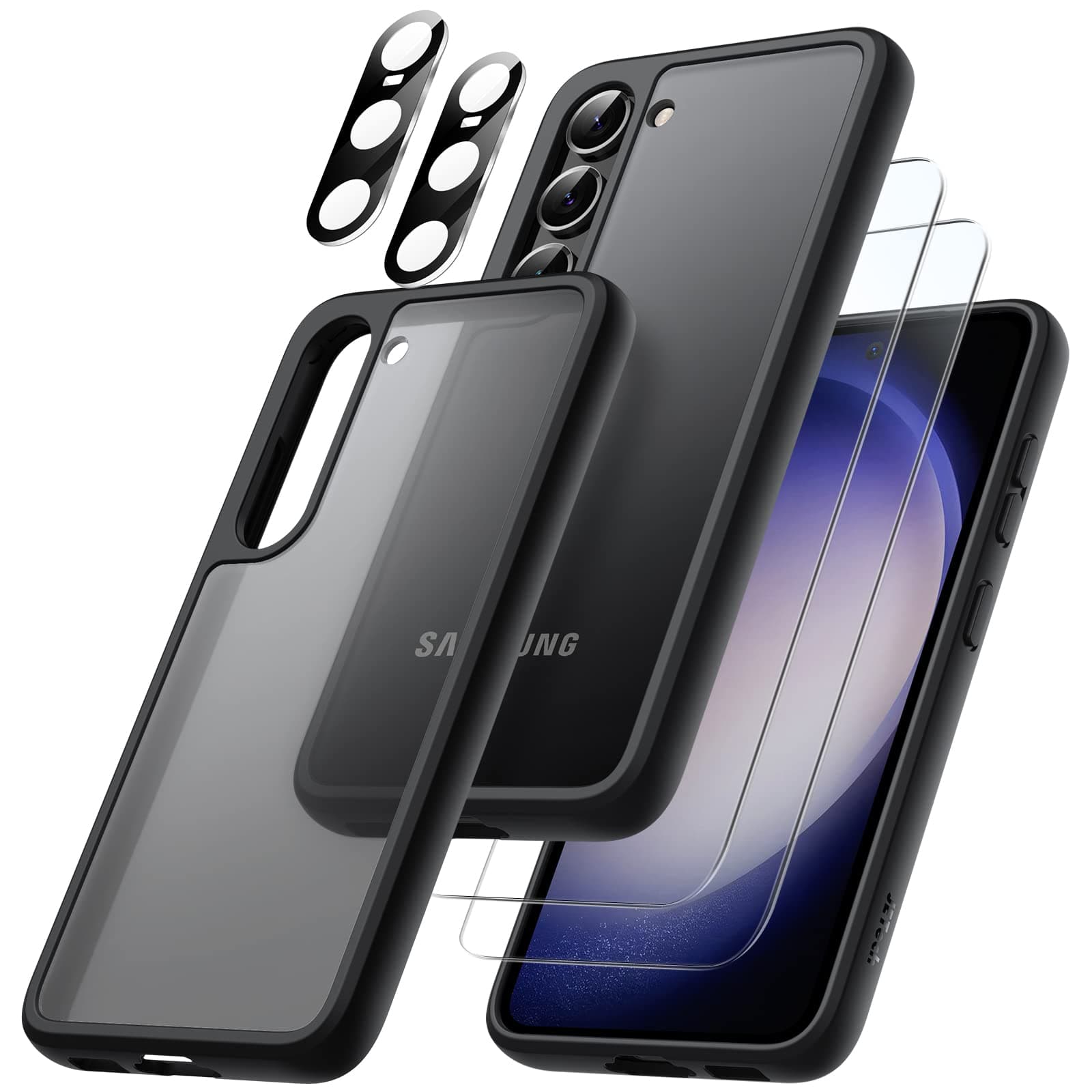– 5 in 1 Matte Case for Samsung Galaxy S23 5G 6.1-Inch with 2 Screen Protector and 2 Camera Lens Protector, Translucent Back Protective Phone Cover, Tempered Glass Film (Black)