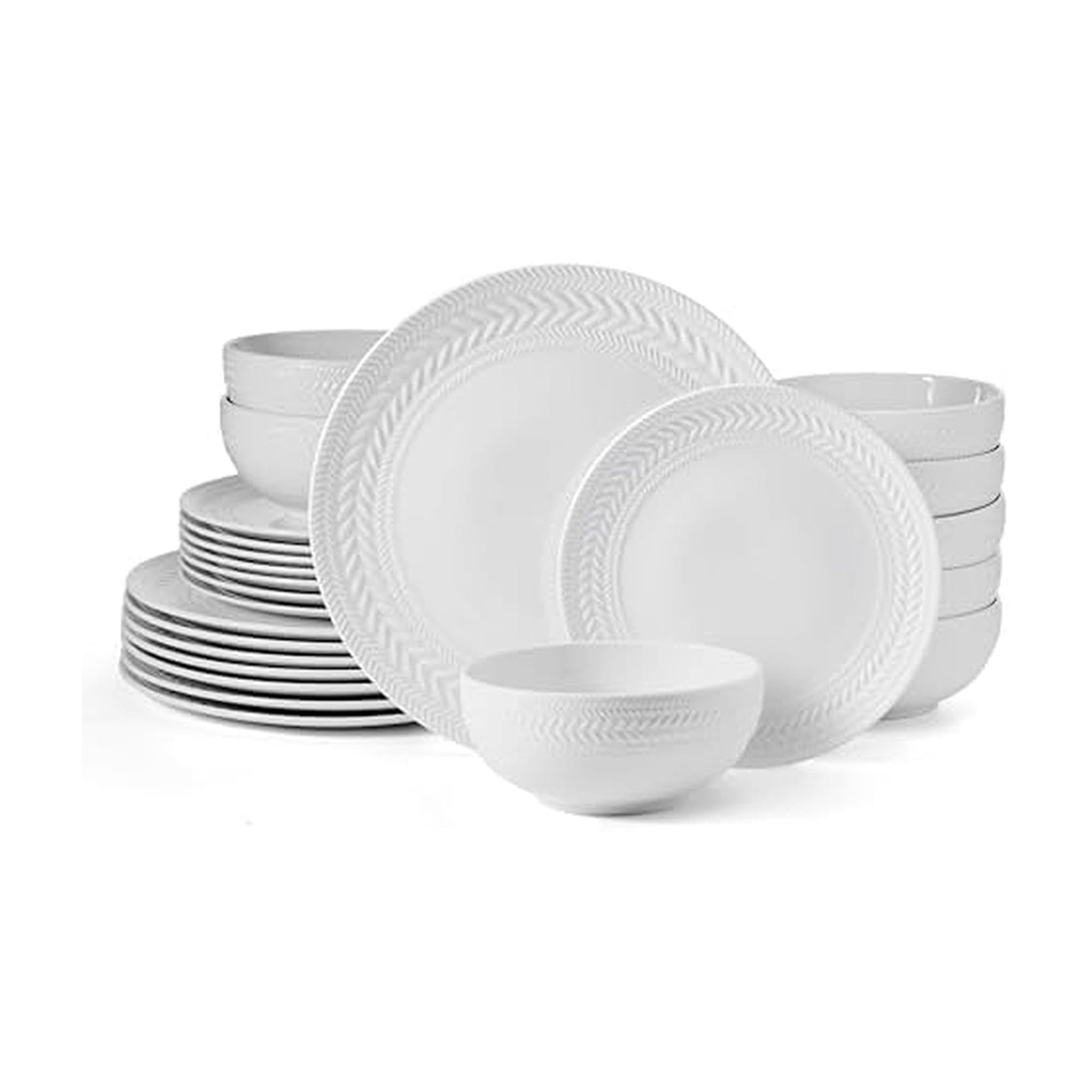 Pfaltzgraff Josephine 24-Piece Dinnerware Set, Porcelain Dish Set with Embossed Basket Weave Design, Service for 8, White Plates and Bowls Sets, Microwave and Dishwasher Safe