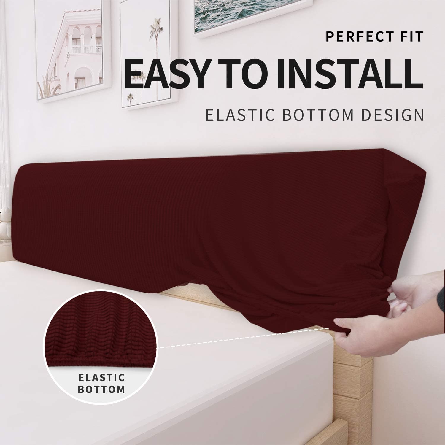 Easy-Going Stretch Bed Headboard Cover,Small Square Jacquard Headboard Slipcover, Dustproof Bed Head Cover for Bedroom (Full,Wine)