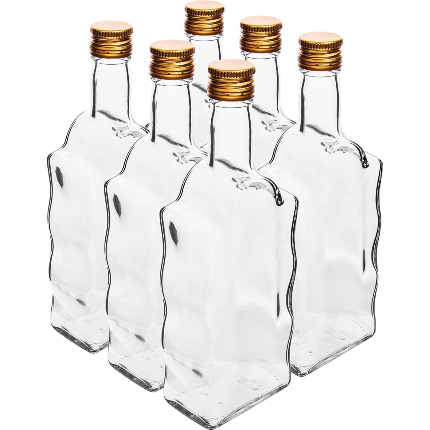 DIAH 6X 500ml 'Wave' Shape Glass Bottles with Gold Screw Caps - Unique Decorative Design for DIY Gin, Vodka, Oil & Vinegar - Elegant Homebrew Gifting Bottles (Set of 6 x 0.5L)