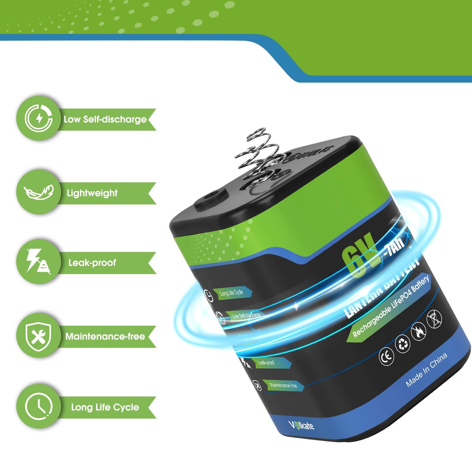 6V Lantern Battery, 6 Volt 7Ah Rechargeable LiFePO4 4R25 Battery with Charger 1 Pack, with Long-Lasting Power for Lantern, Flashlight, Emergency Light, Deer Game Feeder (Spring Terminal)