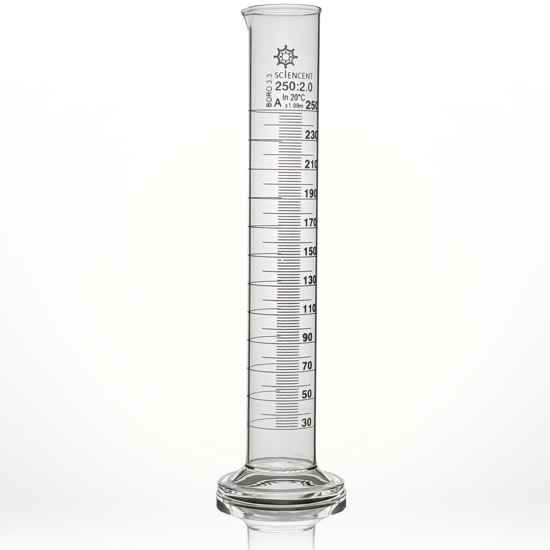 Premium Lab Glass Graduated Cylinder 250 ml Class A ±1ml Borosilicate 250ml Measuring Cylinder
