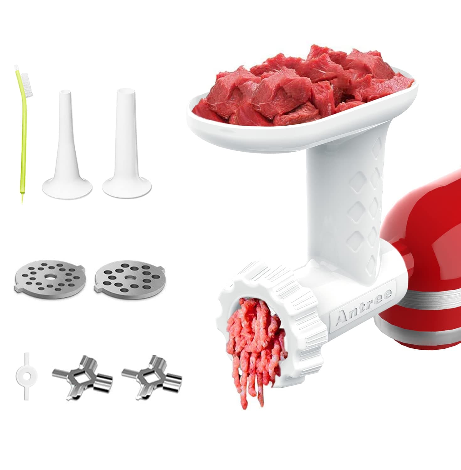 Antree Meat Grinder Attachment For KitchenAid Stand Mixers Includes 2 Plates 2 Grind Blades 2 Sausage Filler Tubes, and 1 Cleaning Brush, Easy To Use Food Grinder Attachment For KitchenAid - White