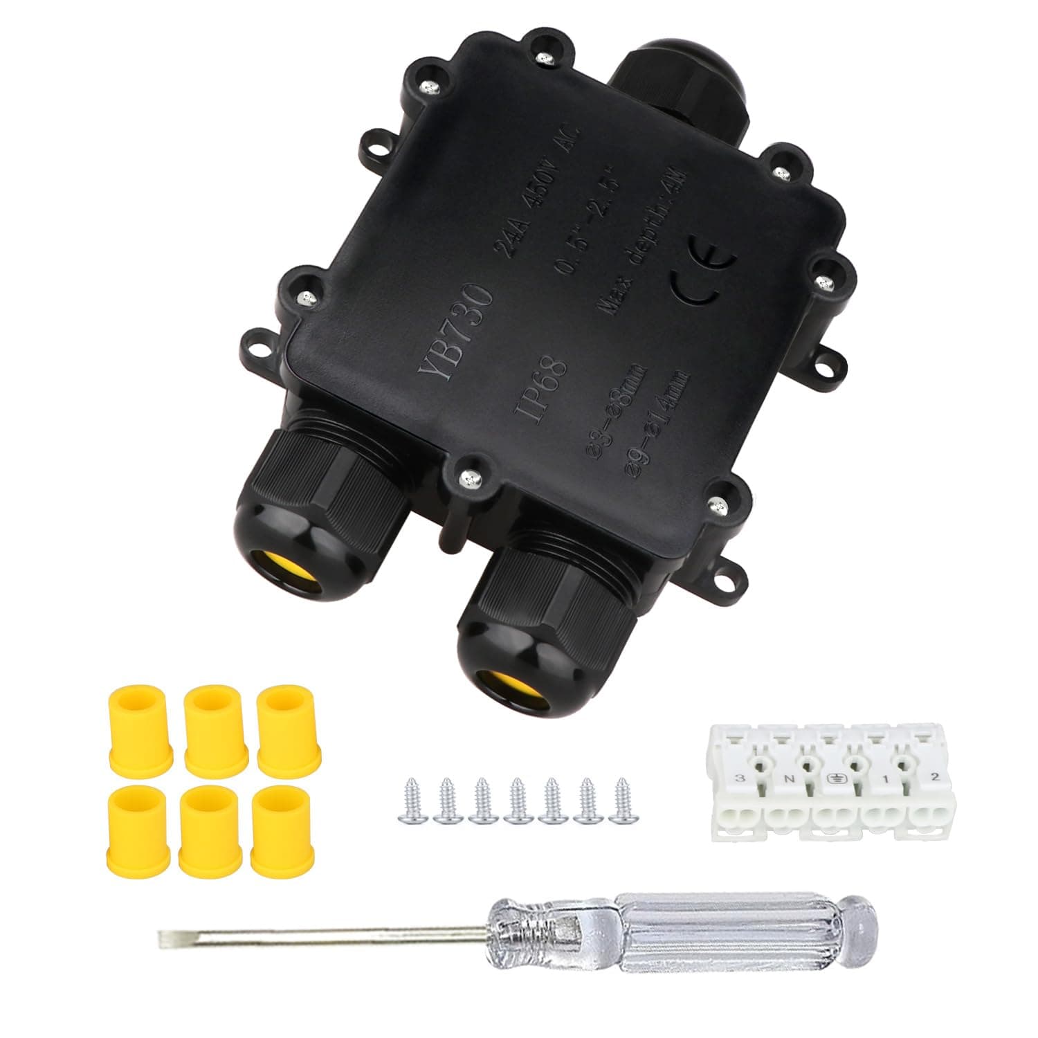 Helunsi Waterproof Junction Box 3 Way, IP68 External Waterproof Electrical Junction Box, Black Underground Junction Box Outdoor Cable Connector, for Diameter 5mm -14mm Wire Gland (1 Pack - Larger)