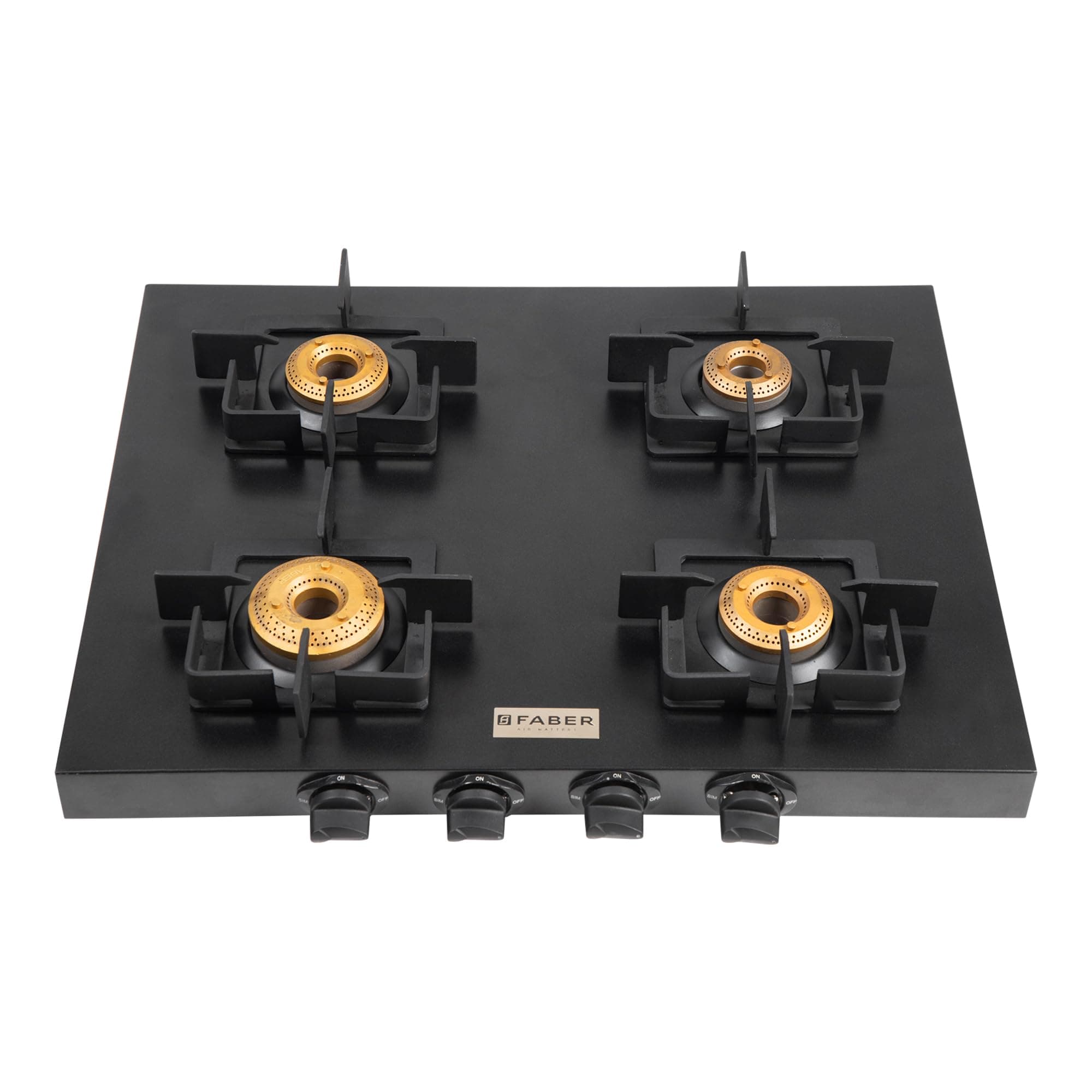 Roma 4 Burner Gas Stove | 2.0.mm MS Frame Body with Diamond Coated Finish | 4 Brass Burners | Diamond Coated Pan Support & Drip Tray, Heat Resistant Metal Knobs, Manual Ignition, Black
