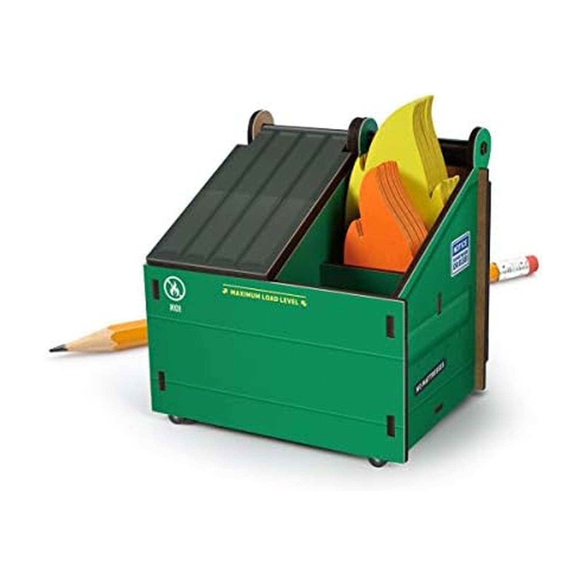 Genuine Fred Desk Dumpster Pencil Holder with 100+ Flame Note Cards, Funny 3-Compartment Organizer for Office Supplies, Desk Caddy for Work or Home