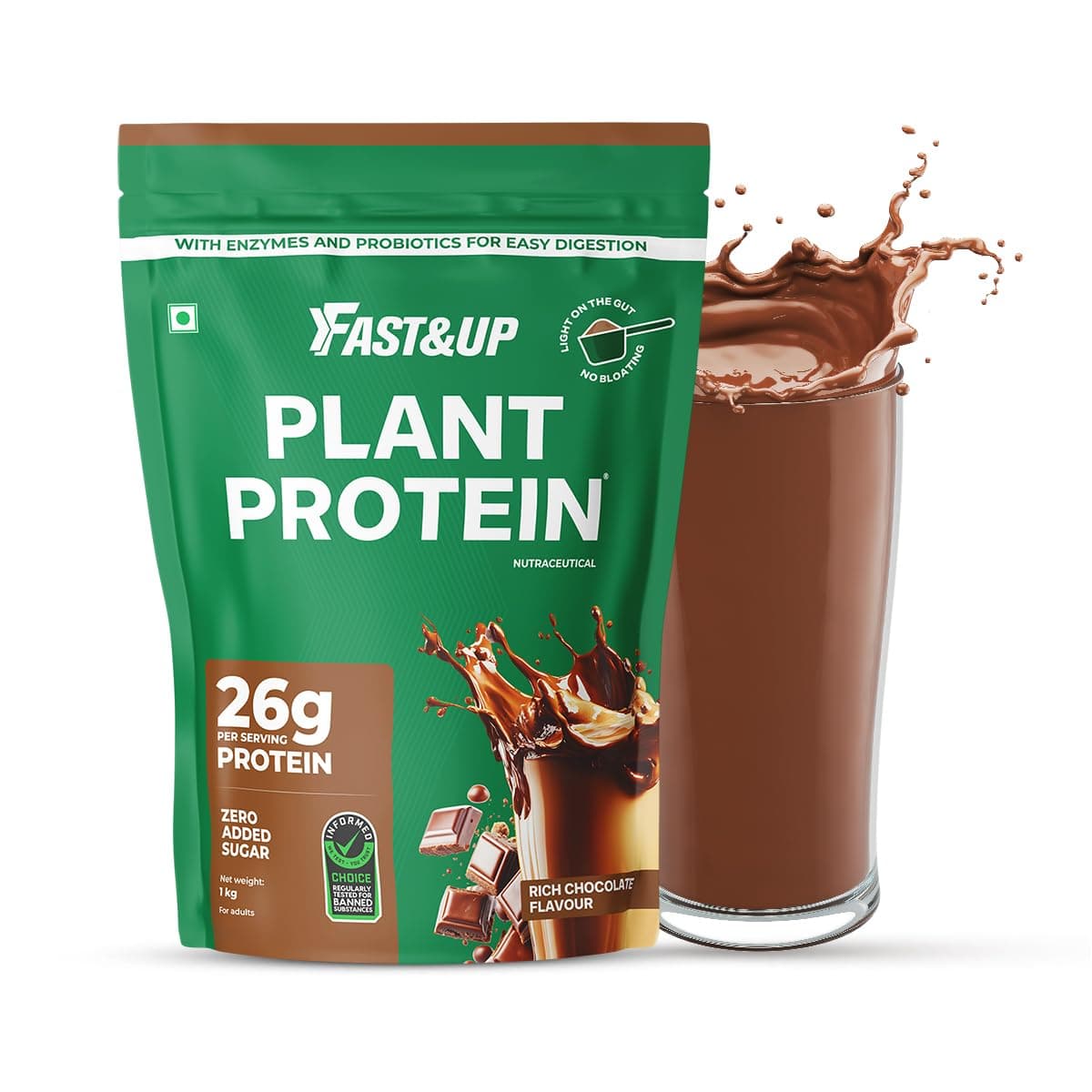 Fast&Up Plant Protein Powder with Rich Chocolate Flavour | Pea Isolate & Rice Protein | 26gm Protein Per Serve | Complete Amino Acids with 4.6g BCAA | Smooth & Tasty with No Added Sugar | Easy to Digest | Tested & Certified, 1kg Pouch