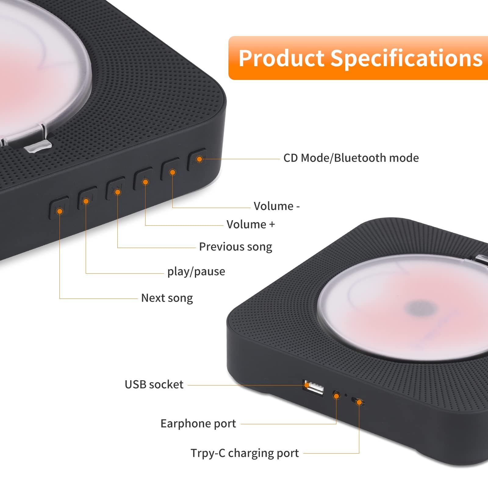 Yintiny Cute Black CD Player With Bluetooth 5.0, Rechargeable Music Player For Home Decor, Portable Lovely Music Player, Remote control, Support AUX in Cable&USB