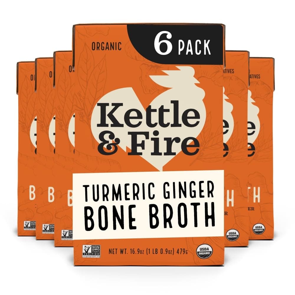 Kettle & Fire and Turmeric Ginger Chicken Bone Broth, Keto, Paleo, Whole 30 Approved, Gluten Free, 19g of Protein, Natural Source of Collagen, Pack of 6