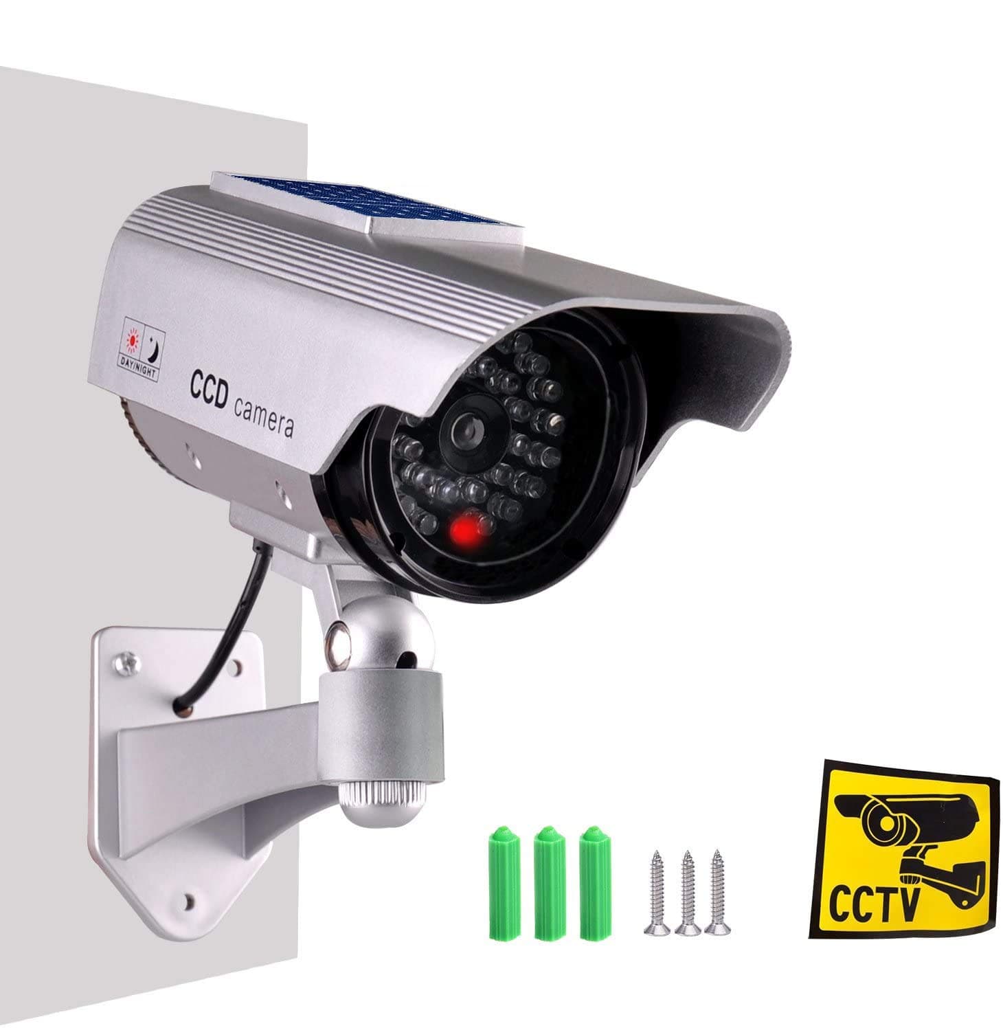 Dummy Fake Security Camera, Solar Powered Fake Surveillance Camera with Flash LED Dummy Bullet Simulated CCTV Camera,Indoor Outdoor Use Good for Home/Office/Shop/Garage - Silver Color