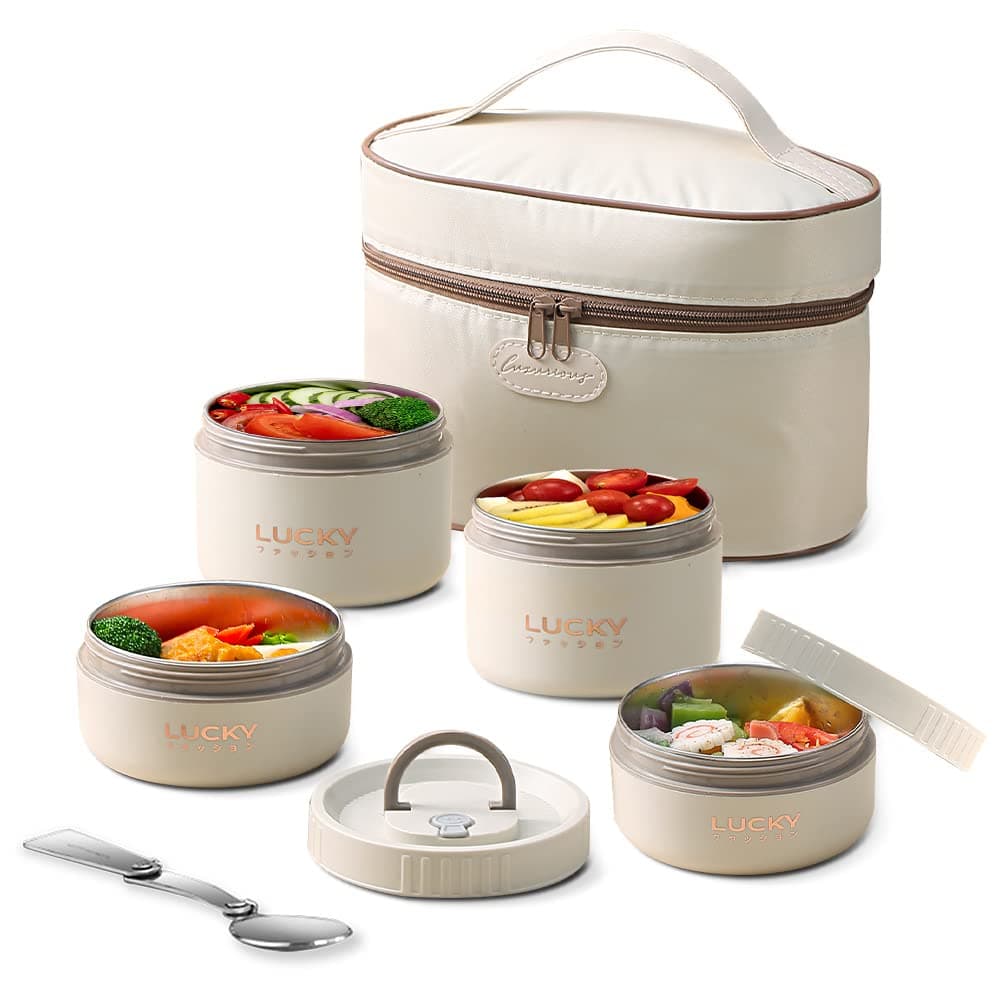 ArderLive Portable Insulated Lunch Container, Stackable Thermal Lunch Bento Box Set for Kids Adult Unisex, Beige 4Pcs 68oz