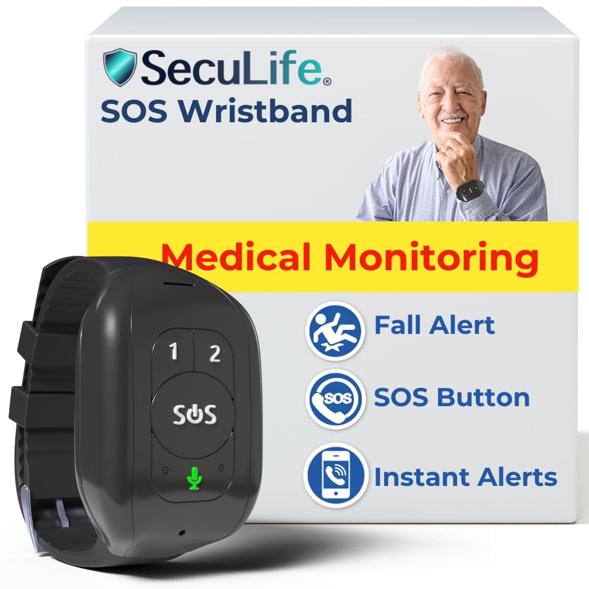 SOS Wristband – Elderly Life Saving Fall Alert System, Emergency Call Button, Assistive Speakerphone, GPS Tracking, Seniors Dementia, Alzheimer’s, 24/7 Medical Monitoring (Black)