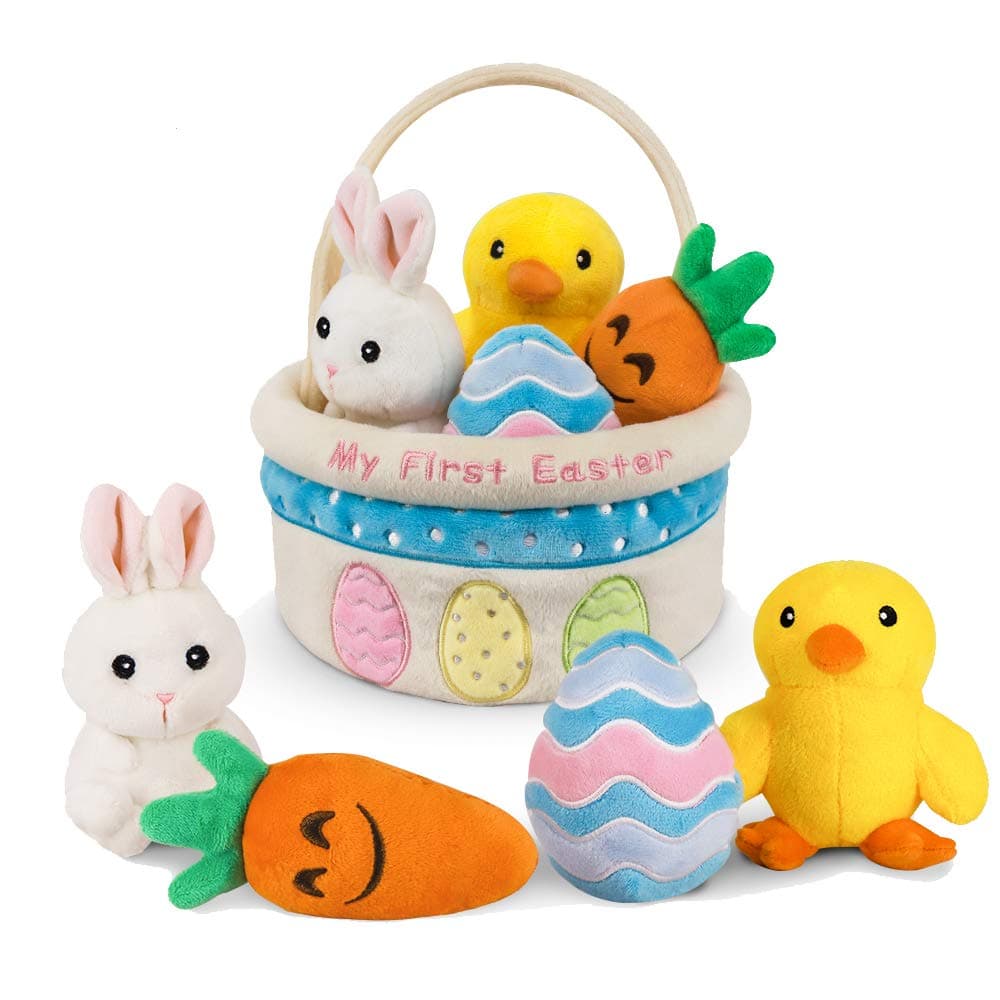 Ivenf My First Easter Basket Playset, 5ct Stuffed Plush Bunny Chick Carrot Egg for Baby Girls Boys, Easter Theme Party Favors Stuffers Gifts, Easter Decorations Party Supplies