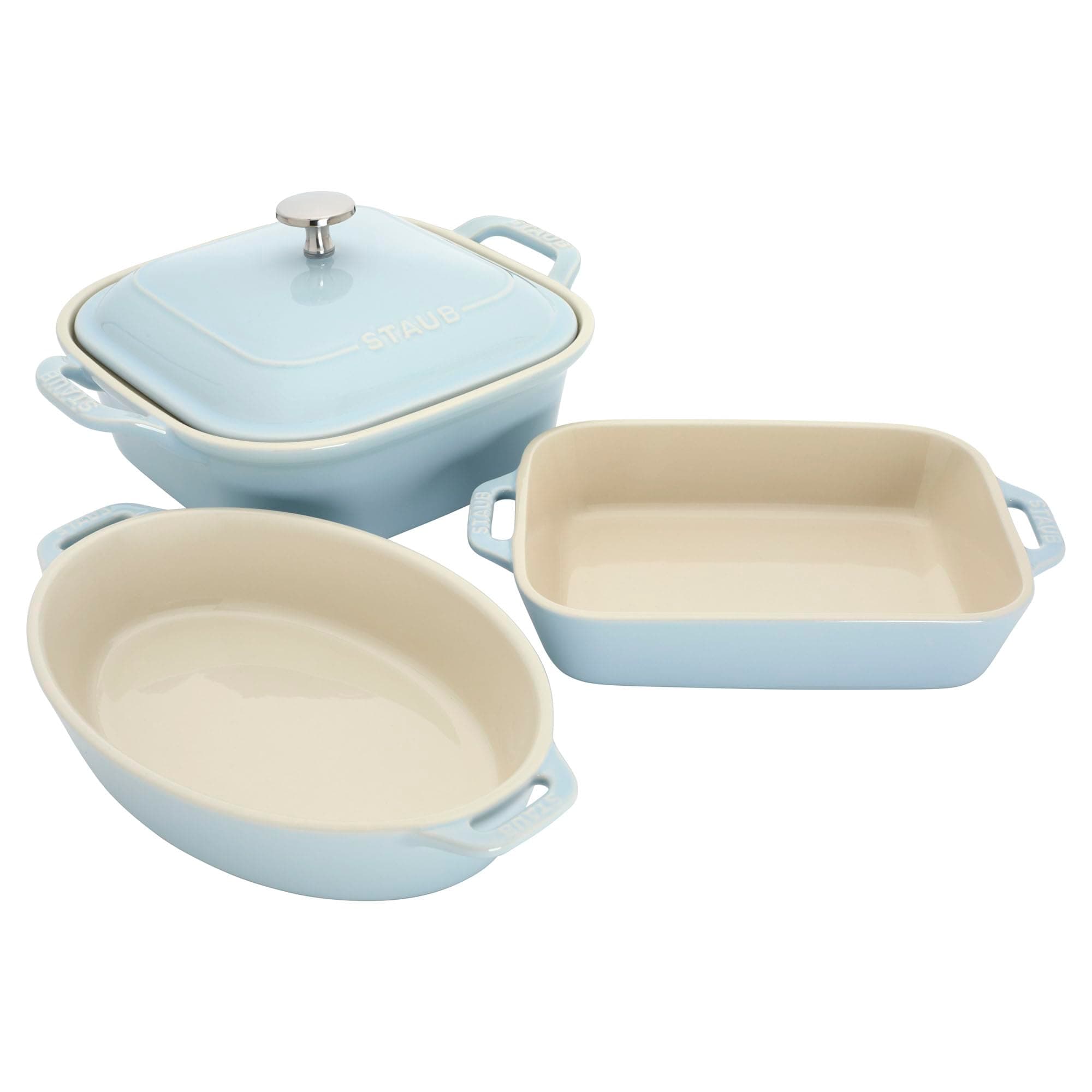 Ceramic 4-pc Baking Pans Set, Casserole Dish with Lid, Brownie Pan, Light Blue