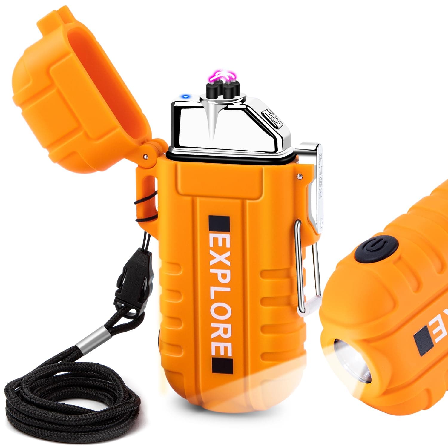 Electric USB C Rechargeable Lighter with Cross Dual Arc, Windproof and Waterproof Lighter with Flashlight for Camping, Survival, Hiking (Orange)