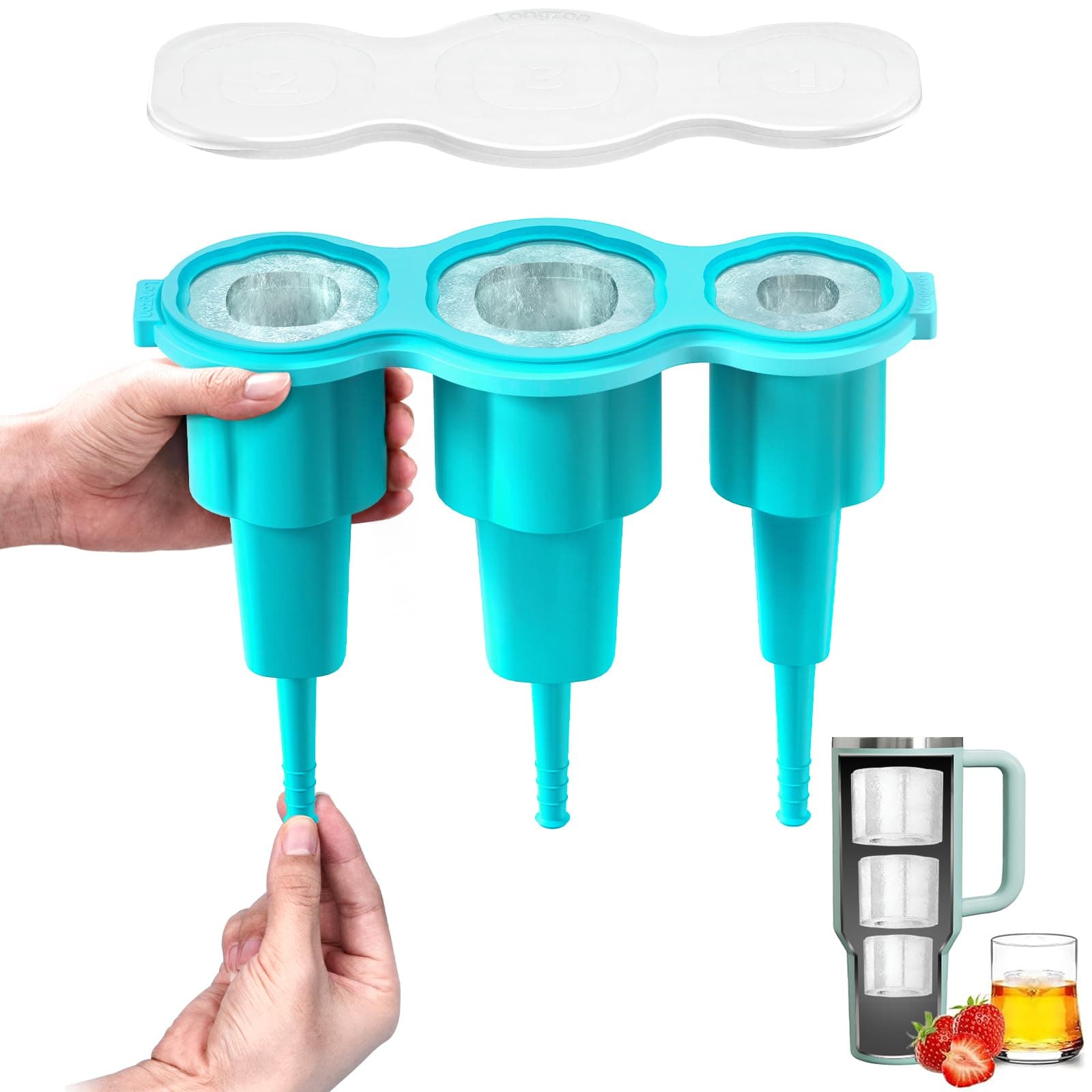 Easiest Release Ice Cube Tray for Stanley Cup 30-40oz Tumbler/Yeti Cup Ice Mold, Silicone Ice Tray Molds With Lid for Chilling Cocktails, Whiskey, Drinks, Coffee, Easy Release Ice Maker -Blue