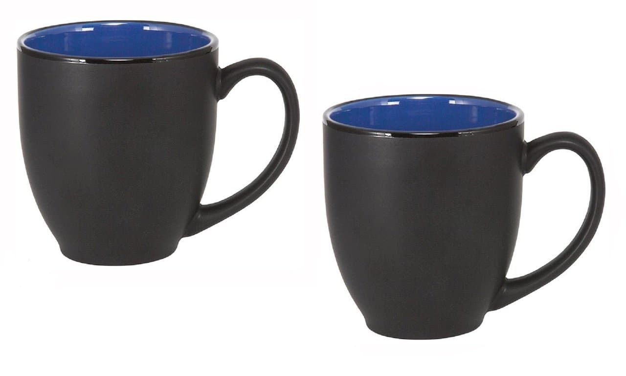 Bistro Ceramic Large Coffee And Tea Mug Matte Black w/ Blue Interior, 12 ounce (Pack of 2)