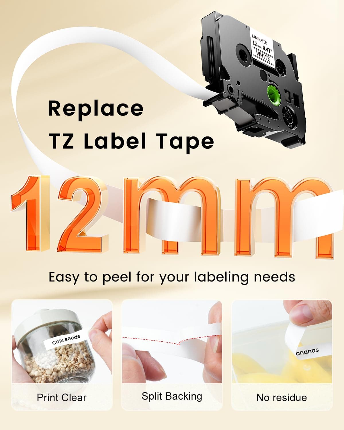 Replace for P Touch Label Tape TZe TZ Tape 12mm 0.47 Laminated White TZe-231 Compatible with Brother Label Maker Tape Refill TZe231 for PTH-110 D220 D210 1280 1290 1880 2040, Black on White, 6-Pack
