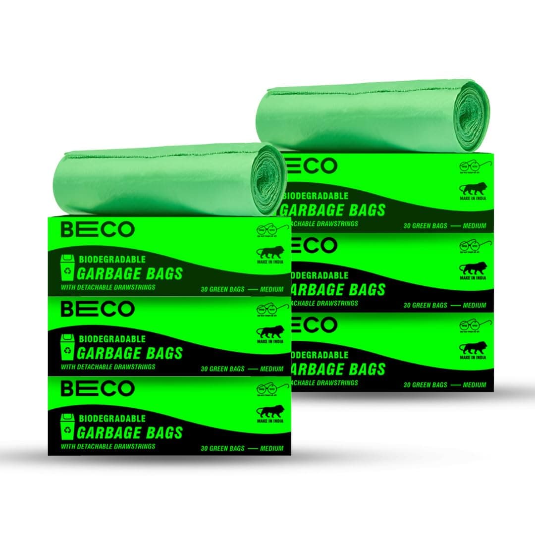 Beco Eco-Friendly Garbage Bags | 180 Pcs | Medium-19 x 21 Inches | 30 Bags x 6 Rolls | Green | Dustbin/Trash Bags with Detachable Drawstrings | For Dry & Wet waste