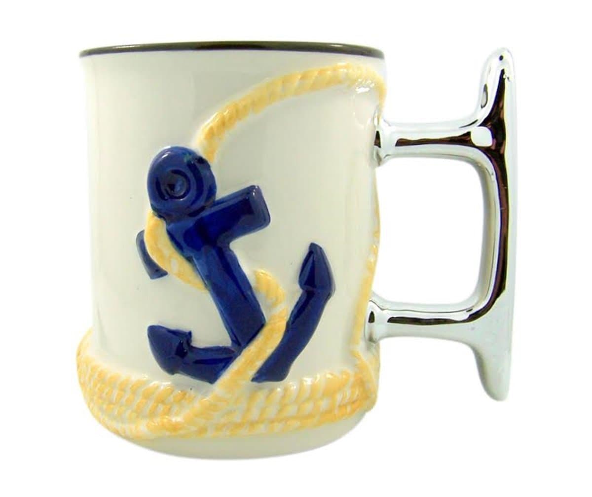 Beach Ship Cleat and Anchor Sculpted Handle Ceramic Coffee Mug, 16 oz
