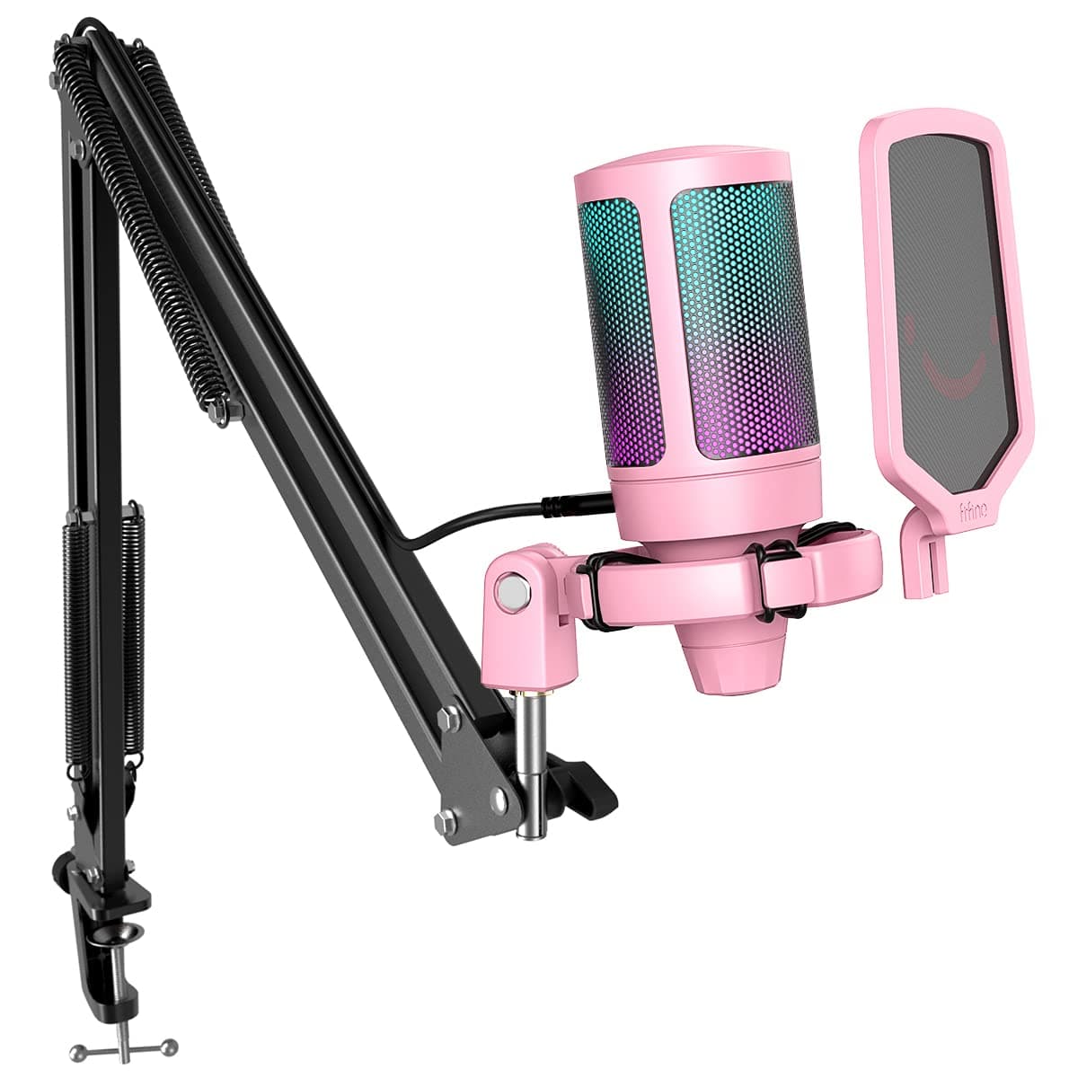 Gaming USB Microphone Kit, PC Streaming Recording Computer RGB Microphone Set for Podcasting, Singing, YouTube, Condenser Cardioid Mic with Quick Mute, Gain Knob-A6T Pink