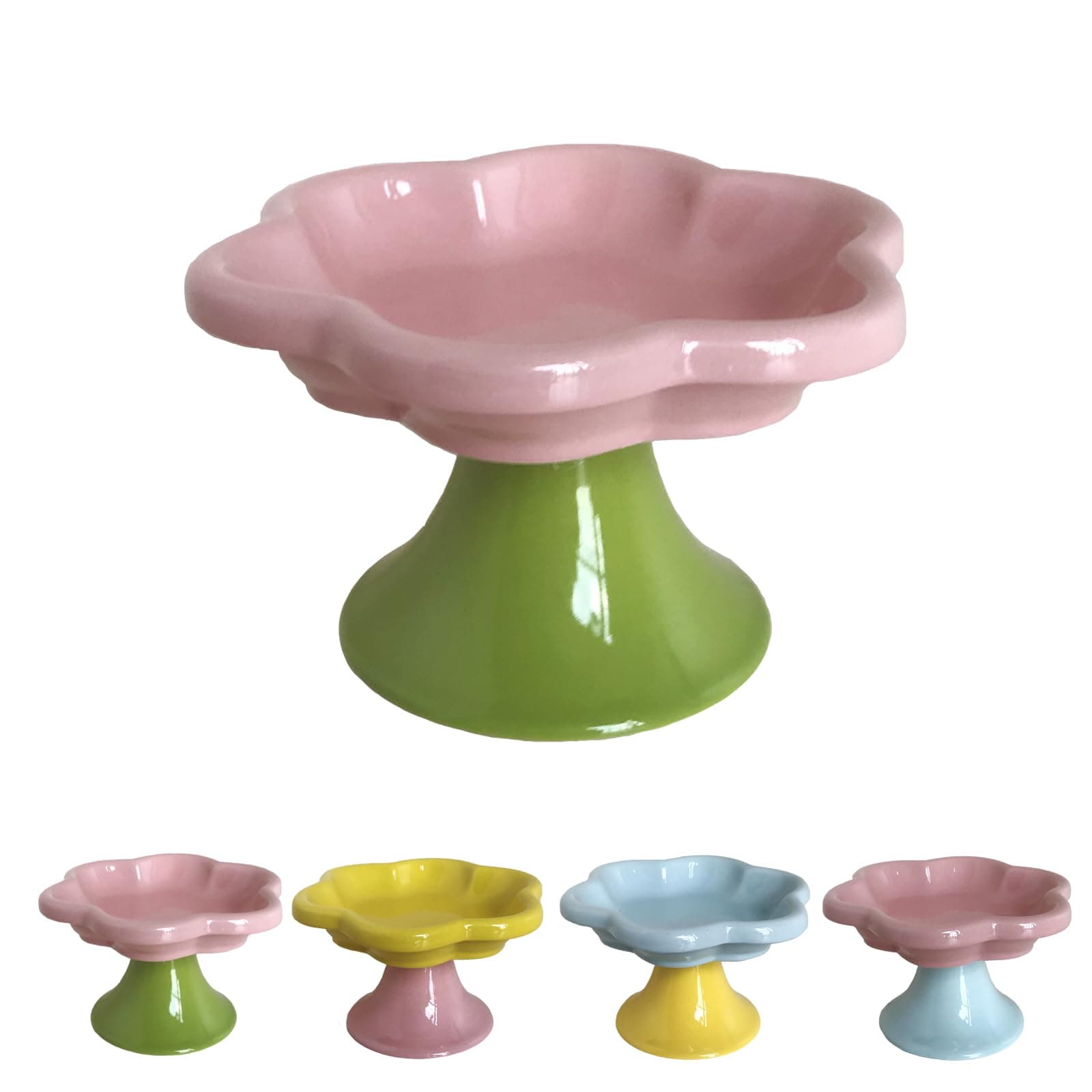 Ceramic Elevated Cat Bowls Flower Dish,Small Raised Dish.Flower Ceramic Raised Bowls for Cats and Small Dogs reducing pet’s Neck Bending and Pressure (Pink Green)