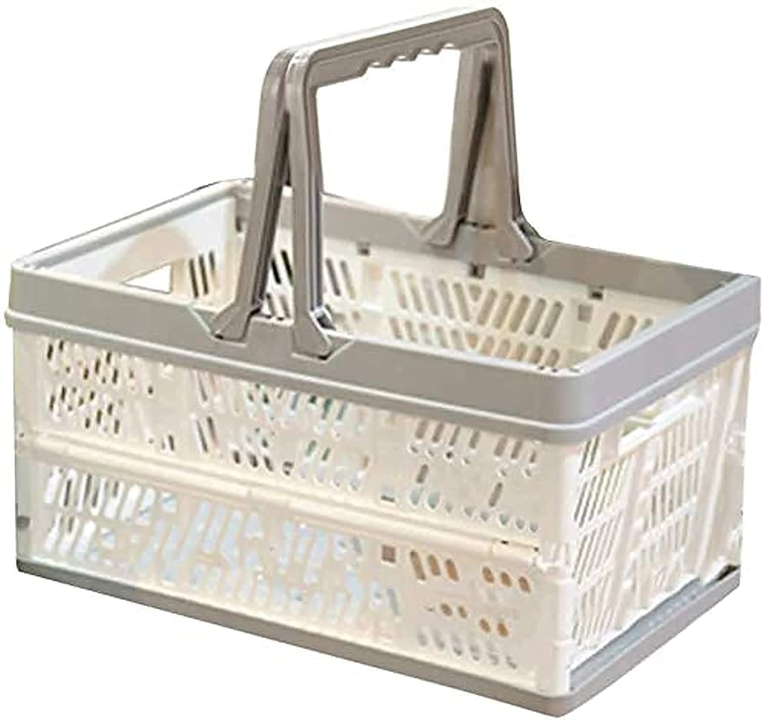 Plastic Storage Crate, Foldable Shelf Storage Basket With Plastic handle, Bins for Food, Fruit, Vegetables, Snacks Bottle Toys Toiletries, Home Kitchen, Office Storage Box (Grey)
