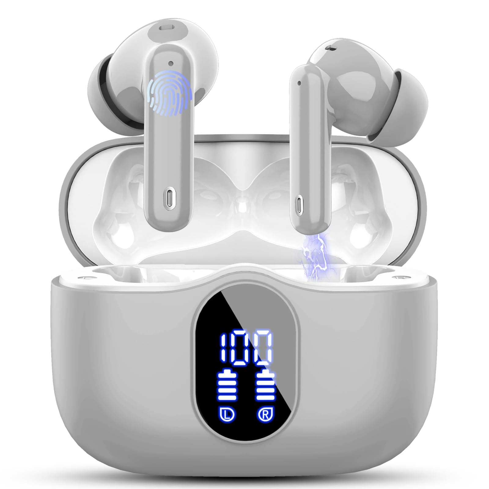 Wireless Earbuds, Bluetooth 5.4 Headphones In Ear with 4 ENC Mic, New Wireless Earphones Noise Cancelling Deep Bass, LED Display, Bluetooth Earbuds 36H Playtime, IP7 Waterproof Ear buds, USB-C, Grey
