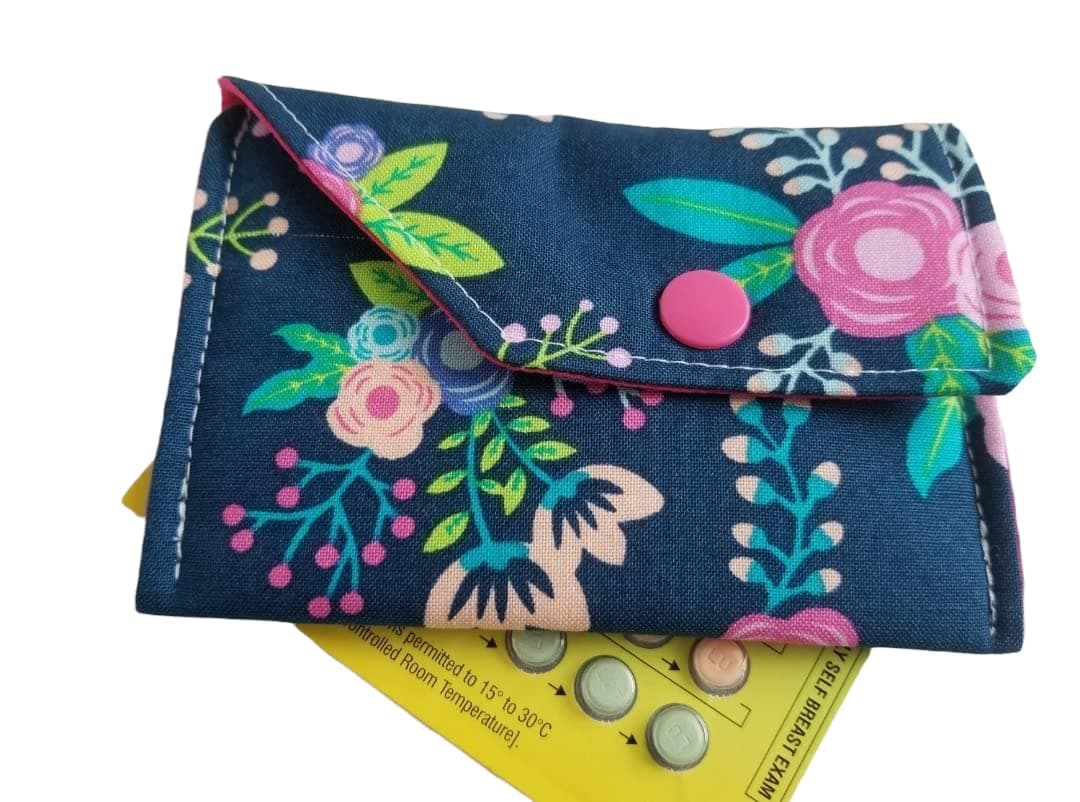HandmadeBirth Control Case Sleeve with Snap Closure and Optional Keychain Clip -Flowers on navy