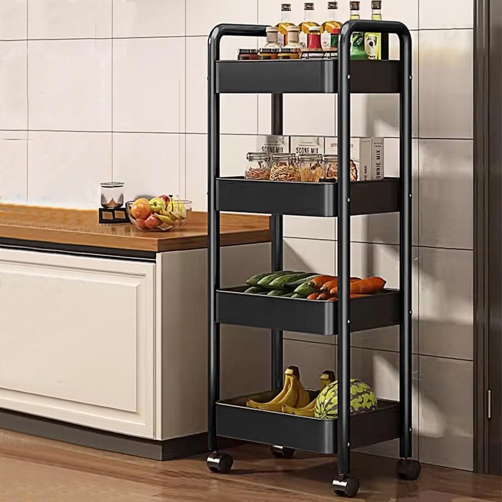 KT-B4 Kitchen Storage Rack, Steel Kitchen Trolley with Wheels, Hooks and 4-Layer Baskets, Vegetable Stand for Kitchen Organizer, Onion Potato Rack for Kitchen-10kg Loading Per Layer | Black