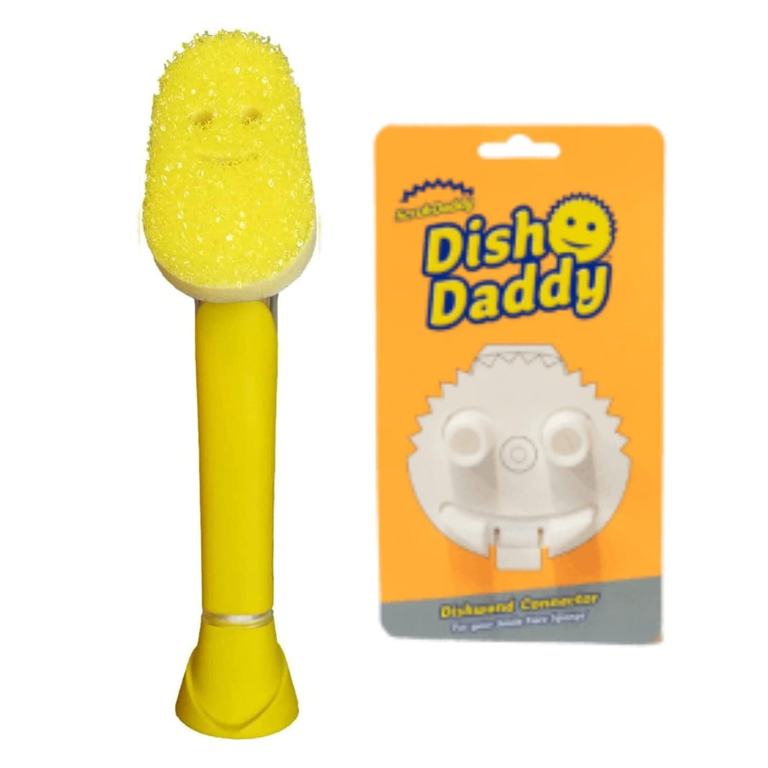 Scrub Daddy Dish Daddy Wand & Connector Head, Soap Dispensing Dish Brush, Texture Changing Washing Up Sponge With Liquid Handle, Handle Sponge with Built-in Scraper, Scrubbing Head & Stand - Yellow