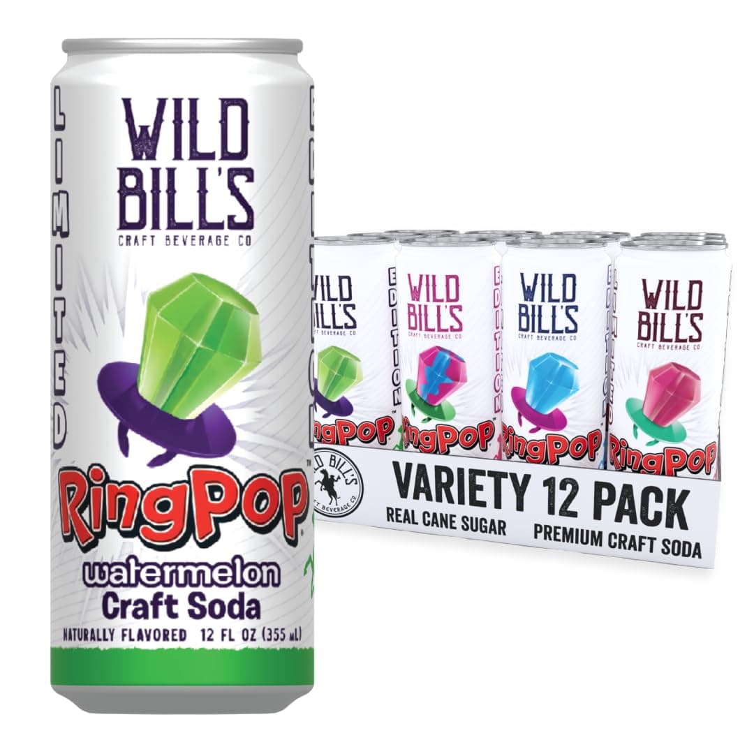 Wild Bill’s Craft Soda Variety Pack – Ring Pop Soft Drinks – Watermelon, Strawberry, Berry Blast & Blue Raspberry – Pure Cane Sugar, No HFCS, Caffeine Free, Vegan, Gluten Free - 12 Oz Cans 12 Pack