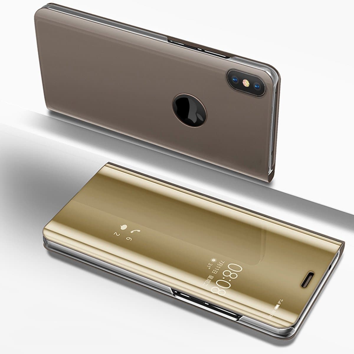 Etsue Mirror Leather Case for iPhone XS / iPhone X Mirror Makeup Plating Flip Case Luxury Fashion Elegant Glitter Crystal Hard PC PU Leather Case Clear Standing View Bookstyle Wallet Case Cover,Gold