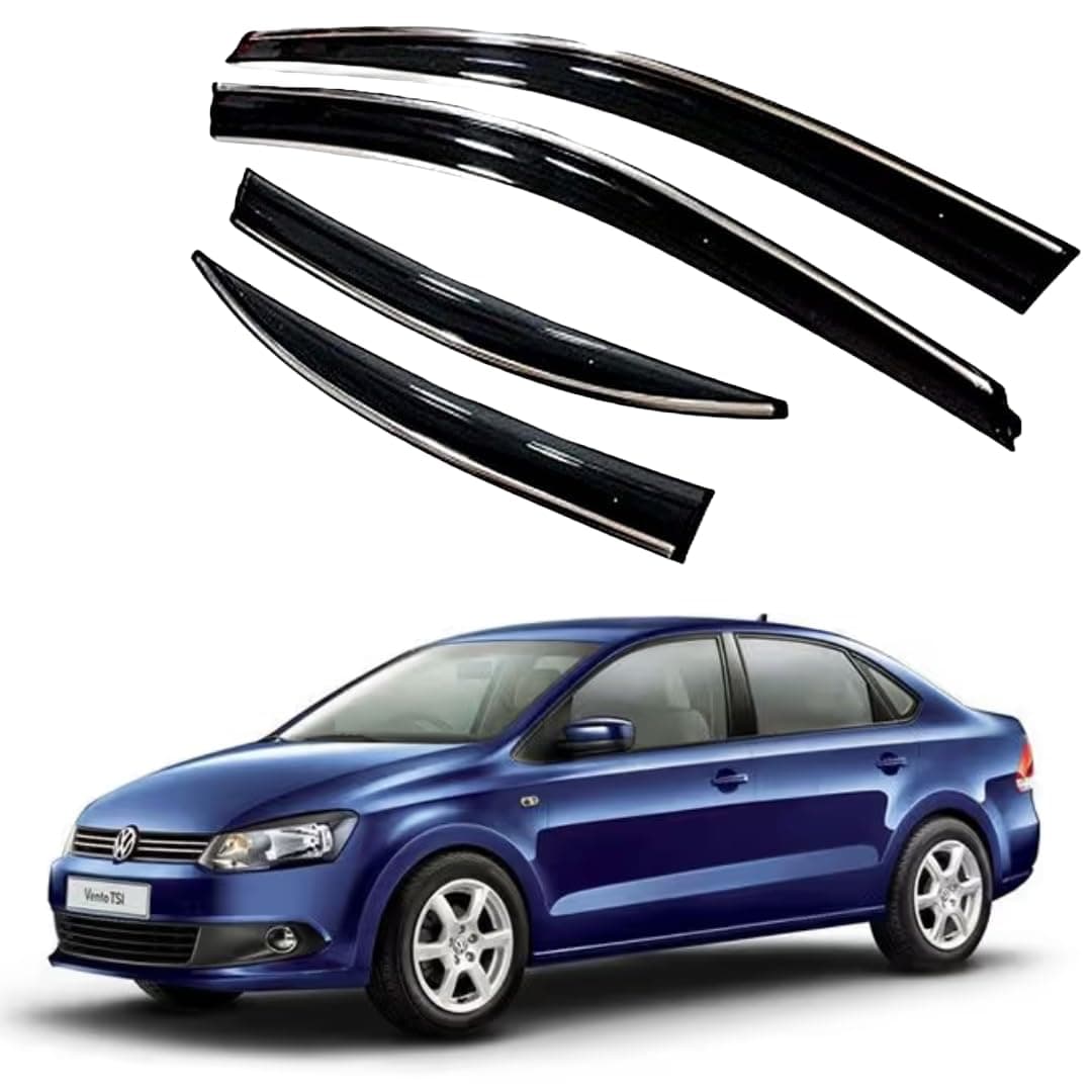 Premium Chromeline & Silverline Unbreakable Car Rear Window Wind Deflectors & Side Door Visor Rain Guard Compatible with (Volkswagen Vento (2010-2017))