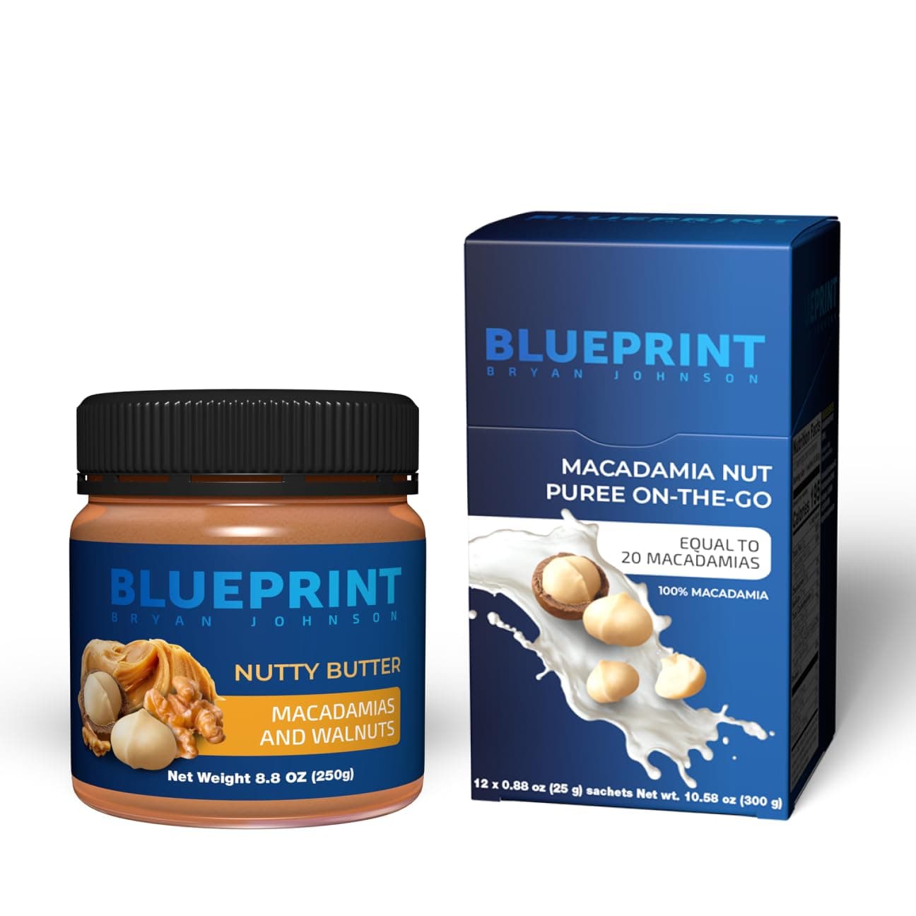 Blueprint Bryan JohnsonMacadamia Nut Puree On the Go (12 Servings) + Nutty Butter - Macadamia Nuts and Walnuts - No Added Sugar, Vegan, Non GMO, Keto and Paleo Friendly (8.8 ounces)