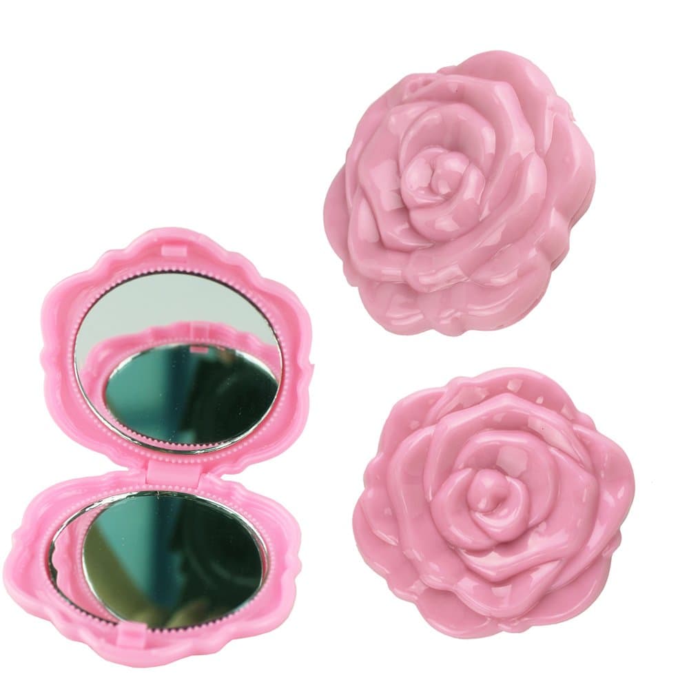 2 Pack Vintage 3D Rose Floral 2 Sided Cosmetic Compact Mirror Makeup Party Pocket Size (Pink)