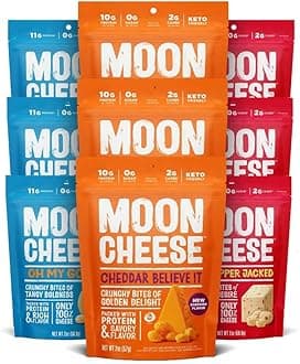 - Moon Cheese Variety Pack, 2 ounce, 9-pack, Crunchy, Protein Rich Cheese Snack, Keto Friendly, 100% Real Cheese